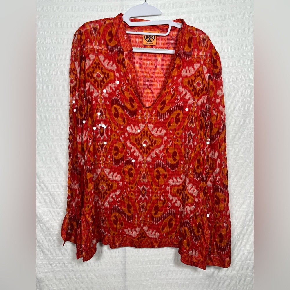 Tory Burch Red and Orange V-Neck Printed Blouse